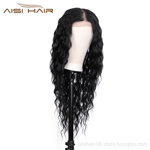Aisi Hair High Quality 22 Inch Long Wavy Black Color Wig Water Wave Swiss Lace Wig Wholesale Synthetic Hair Wigs For Black Women